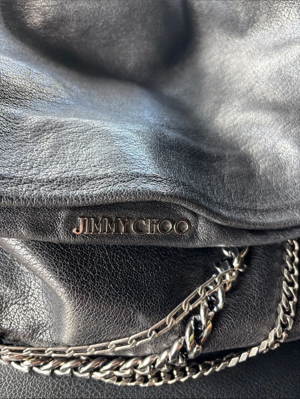 Jimmy Choo Black Leather Shoulder Bag with Silver Chain Trim